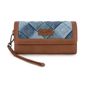 Wrangler Women's Denim Woven Tri-Fold Wristlet Wallet WG210-W062JN Brown Blue
